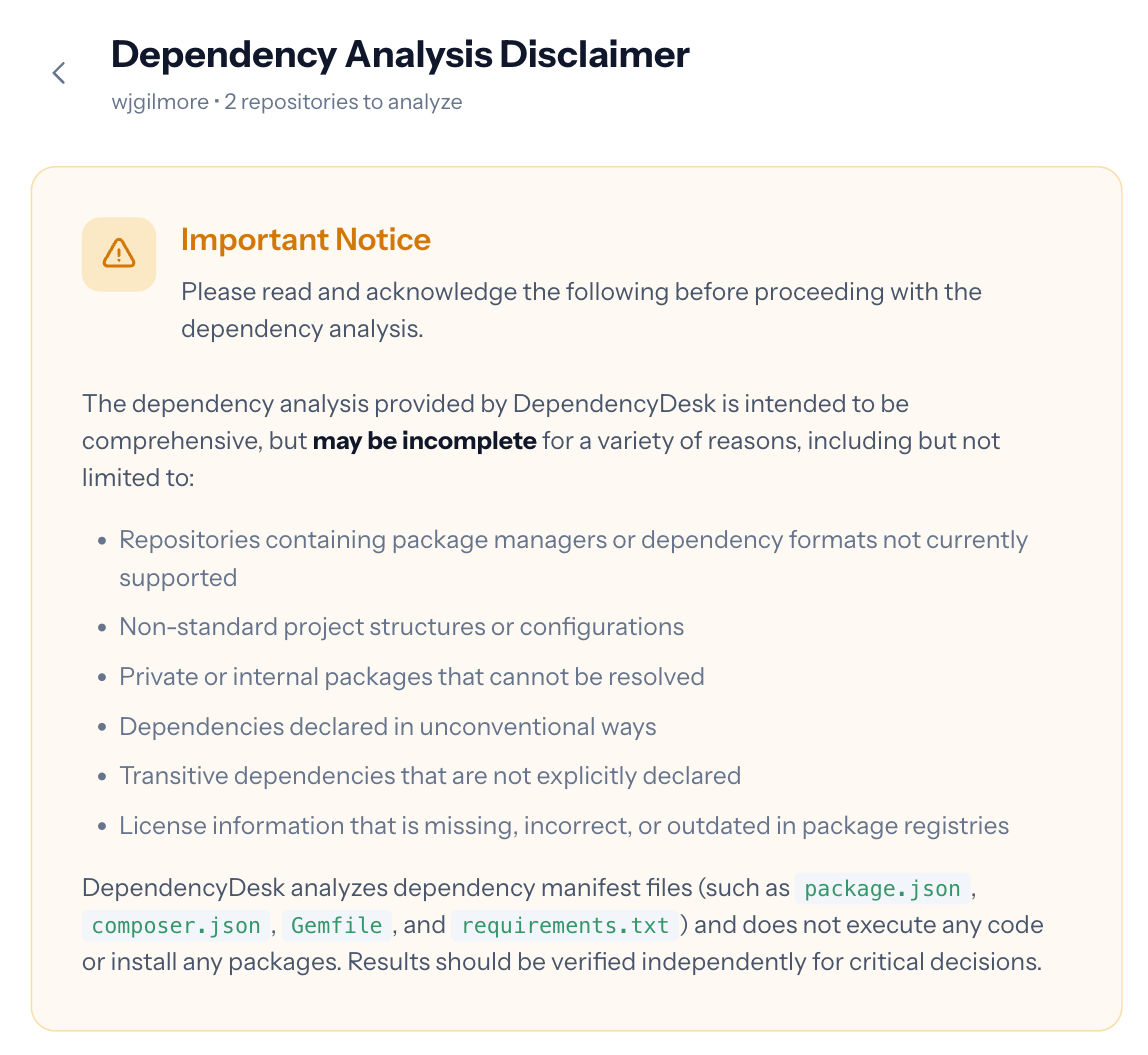 Dependency Analysis Disclaimer screen