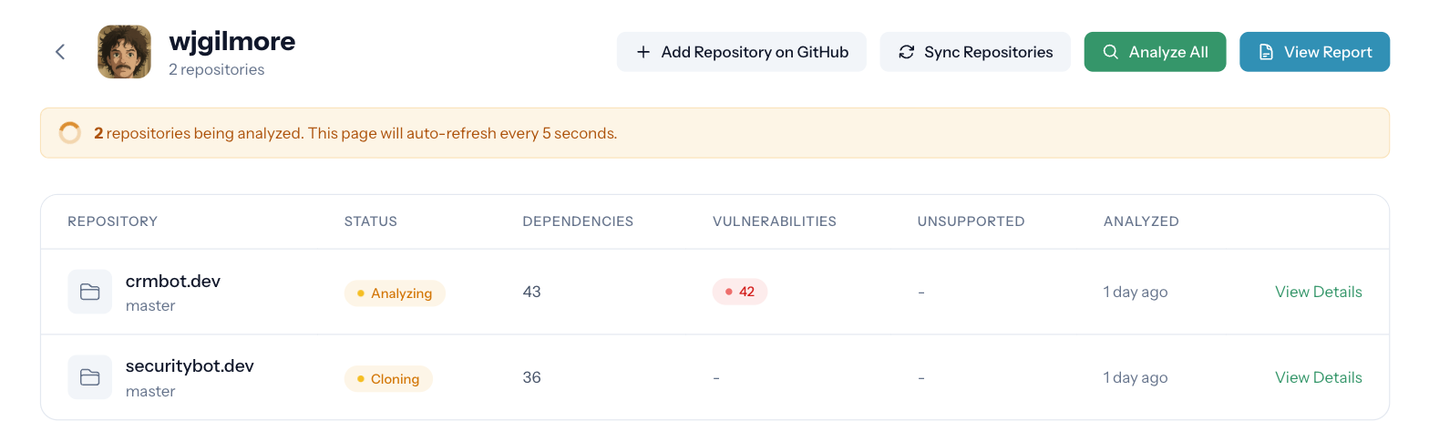 DependencyDesk analyzing repositories in an organization