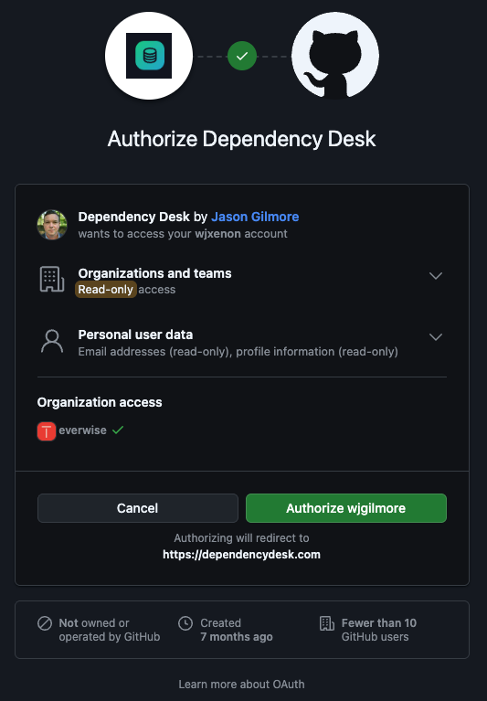 GitHub OAuth authorization screen for Dependency Desk
