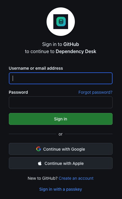 GitHub sign-in screen for Dependency Desk