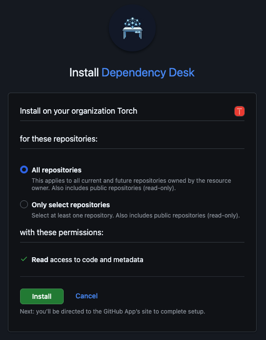 GitHub App installation screen for DependencyDesk