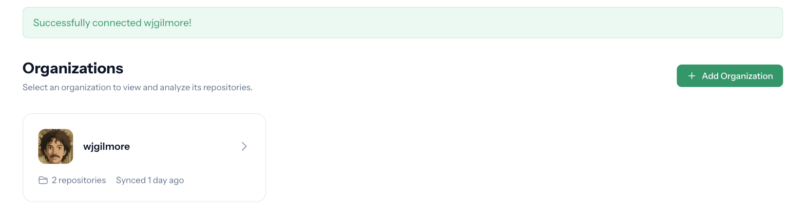 DependencyDesk Organizations page showing a newly connected organization